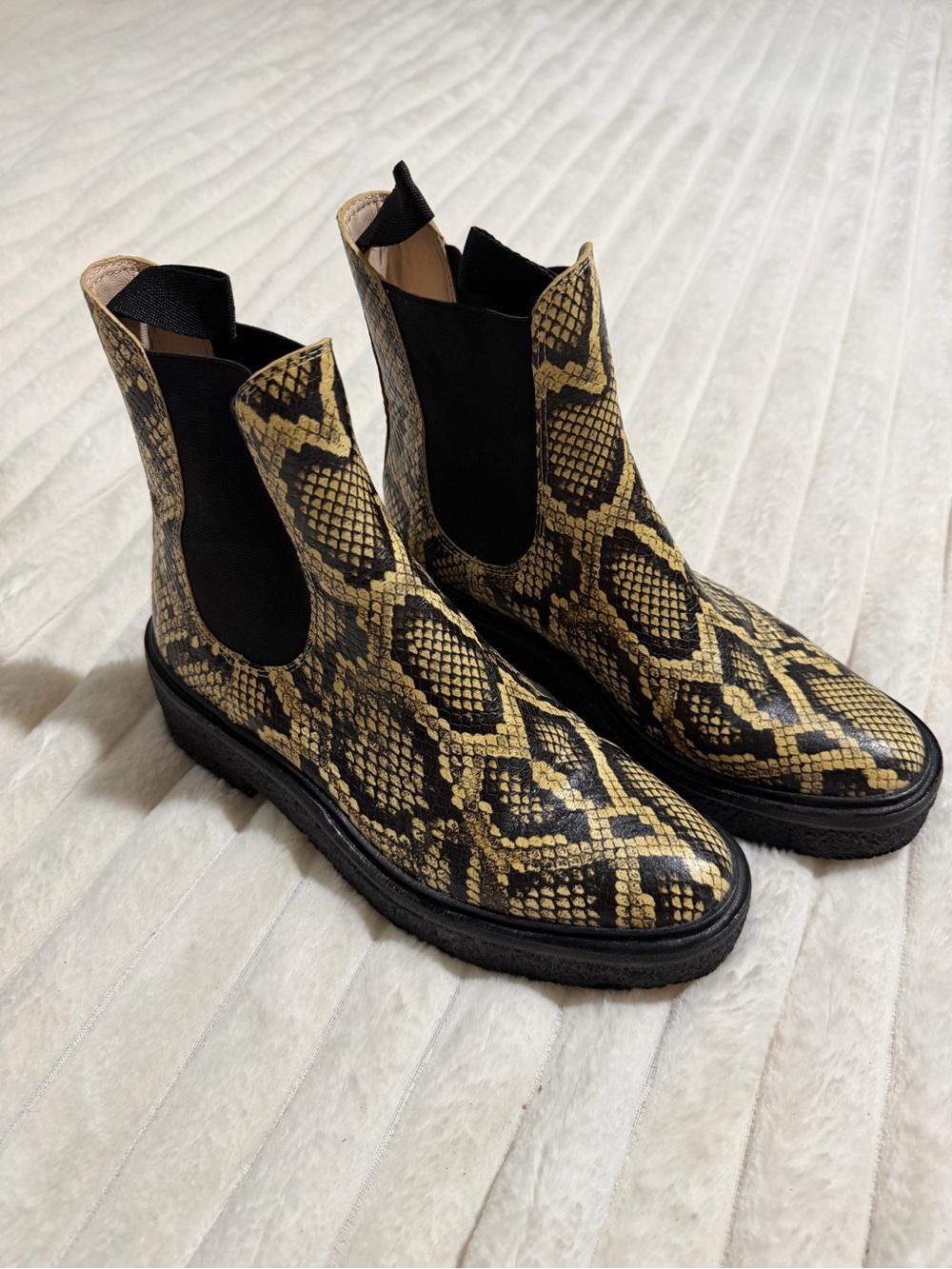 Loeffler Randall Black and Gold Snake-Print Chelsea Booties genuine leather